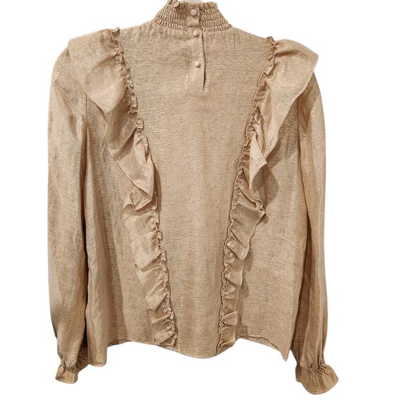 Sezane Filomene metallic gold ruffle long sleeve blouse size 4 - Picture 3 of 6